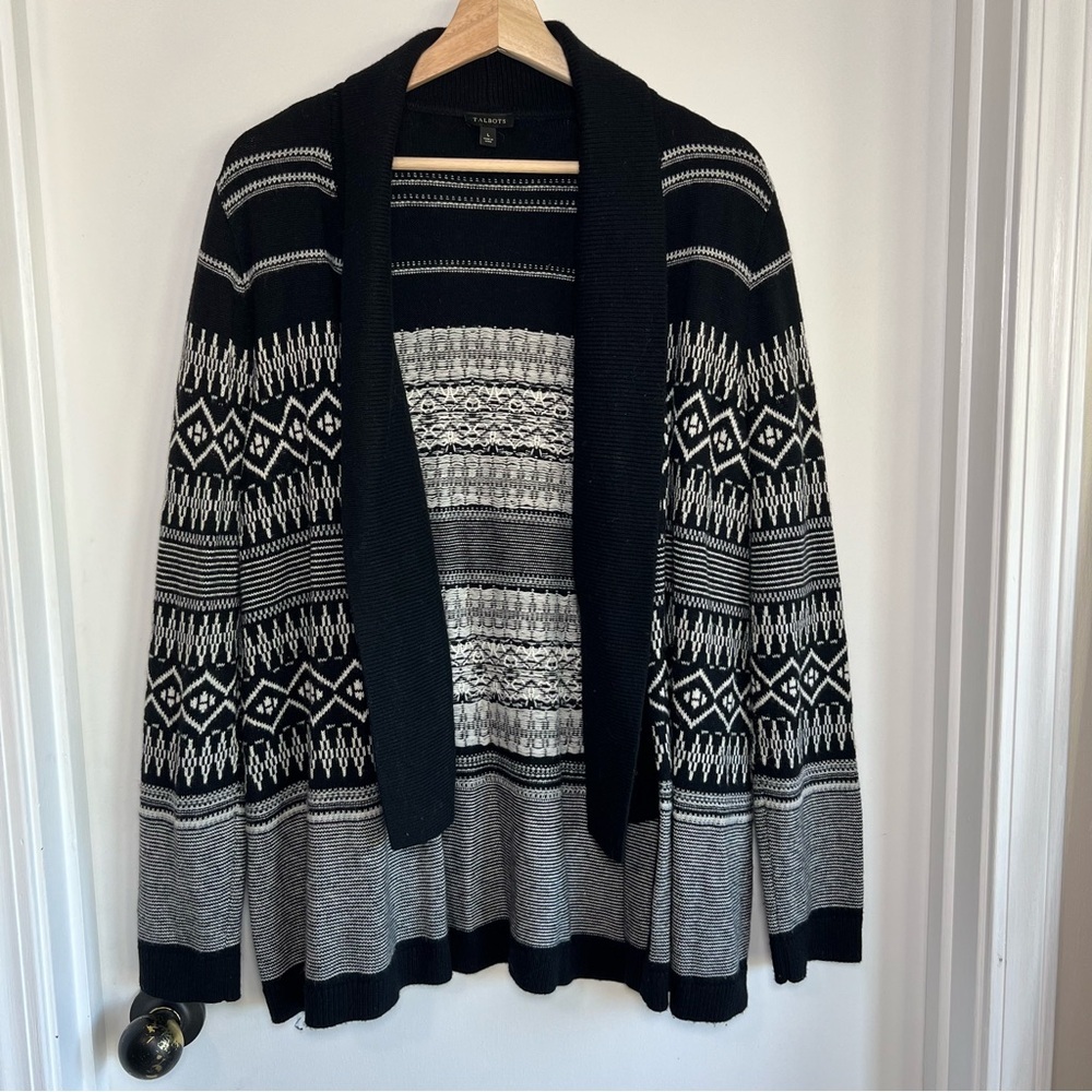 Talbots Black White Wool Nylon Nordic Style Open Front Knit Cardigan, Size Large